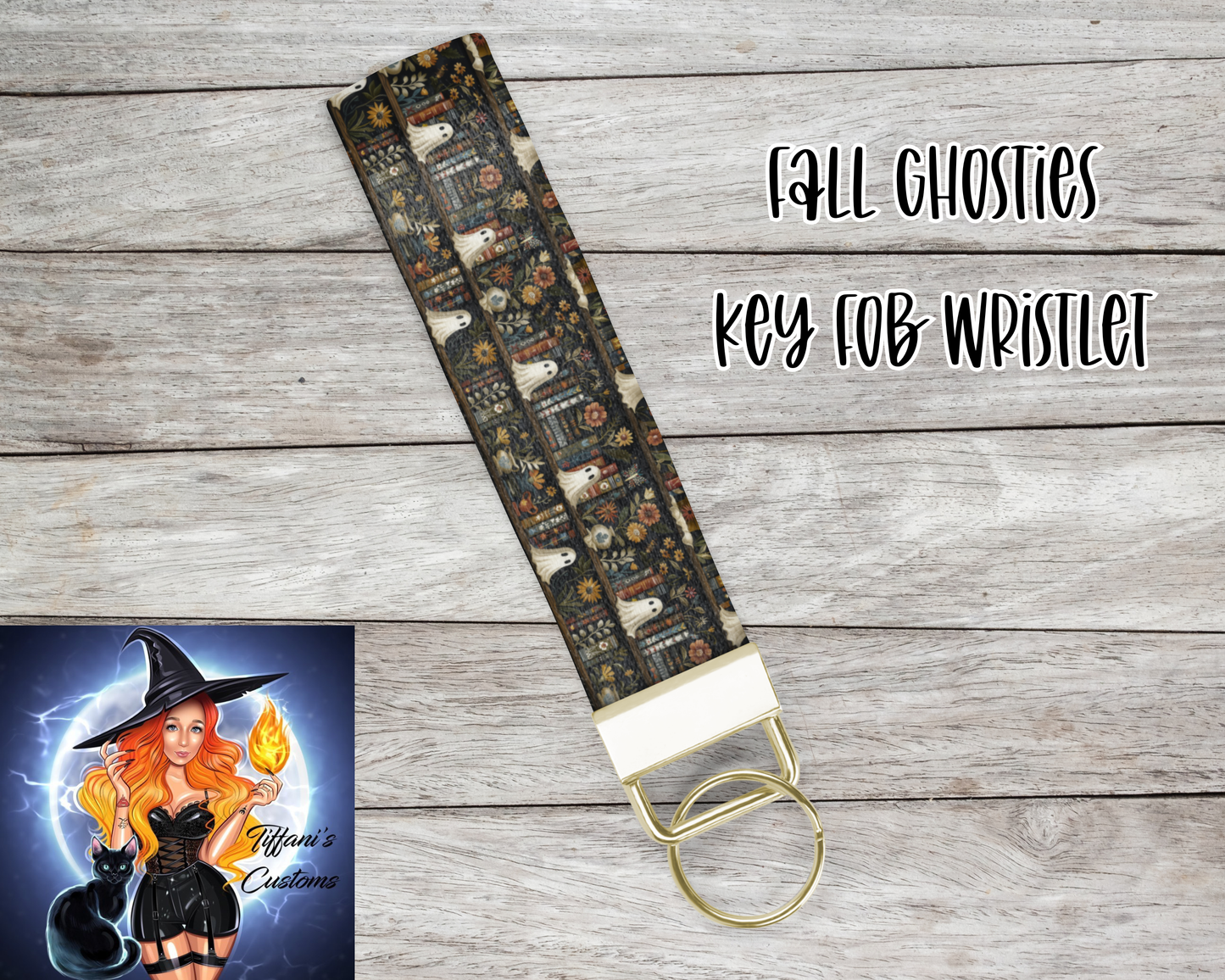 Fall Ghosties Key Fob Wristlet | Autumn Ghost Bookshelf Pattern | Cozy Fall Keychain | Sublimated Book Lover Gift