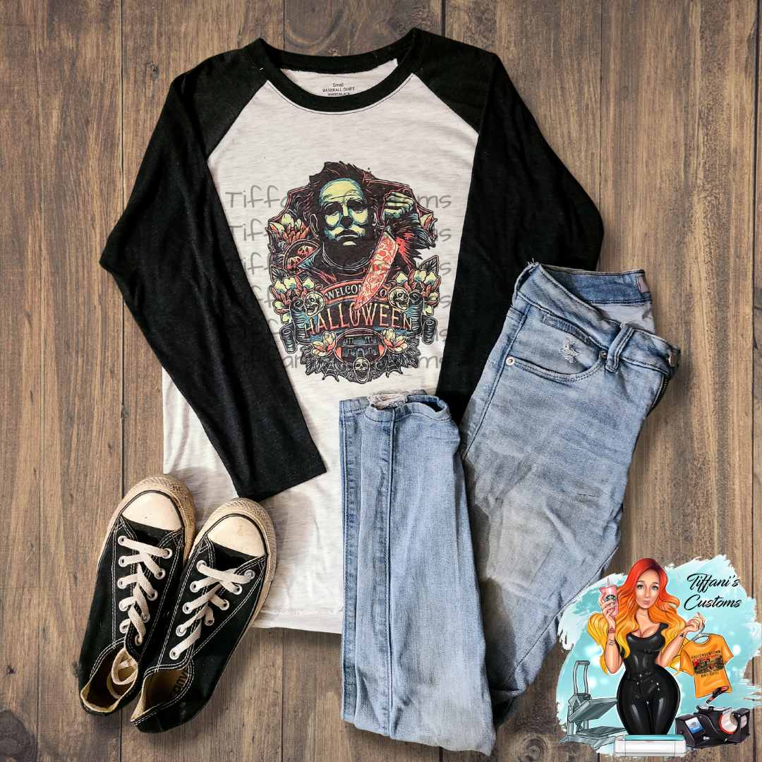 Welcome To Halloween Raglan *Sublimation T-Shirt - MADE TO ORDER*