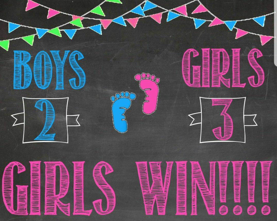 Girls win gender reveal chalkboard sign