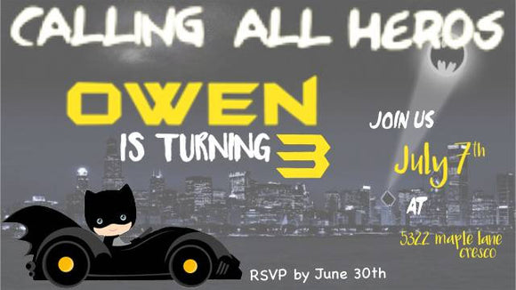 Calling all heros Batman birthday invitation